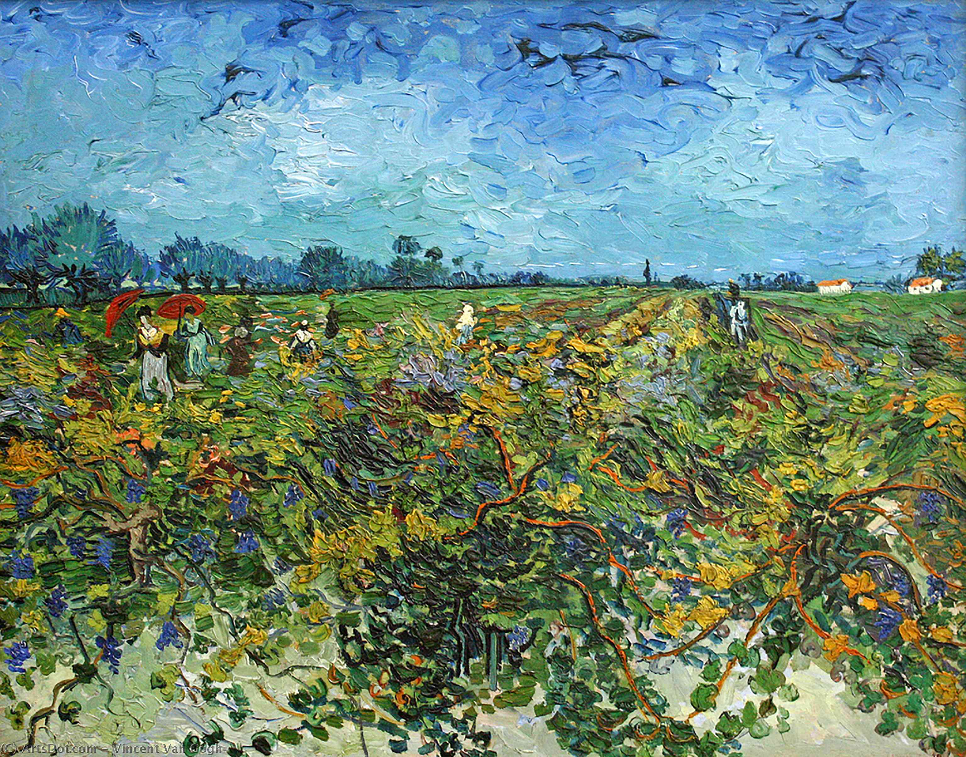 Obra "A Vinha em Flor" (Abril de 1888) por Van Gogh.