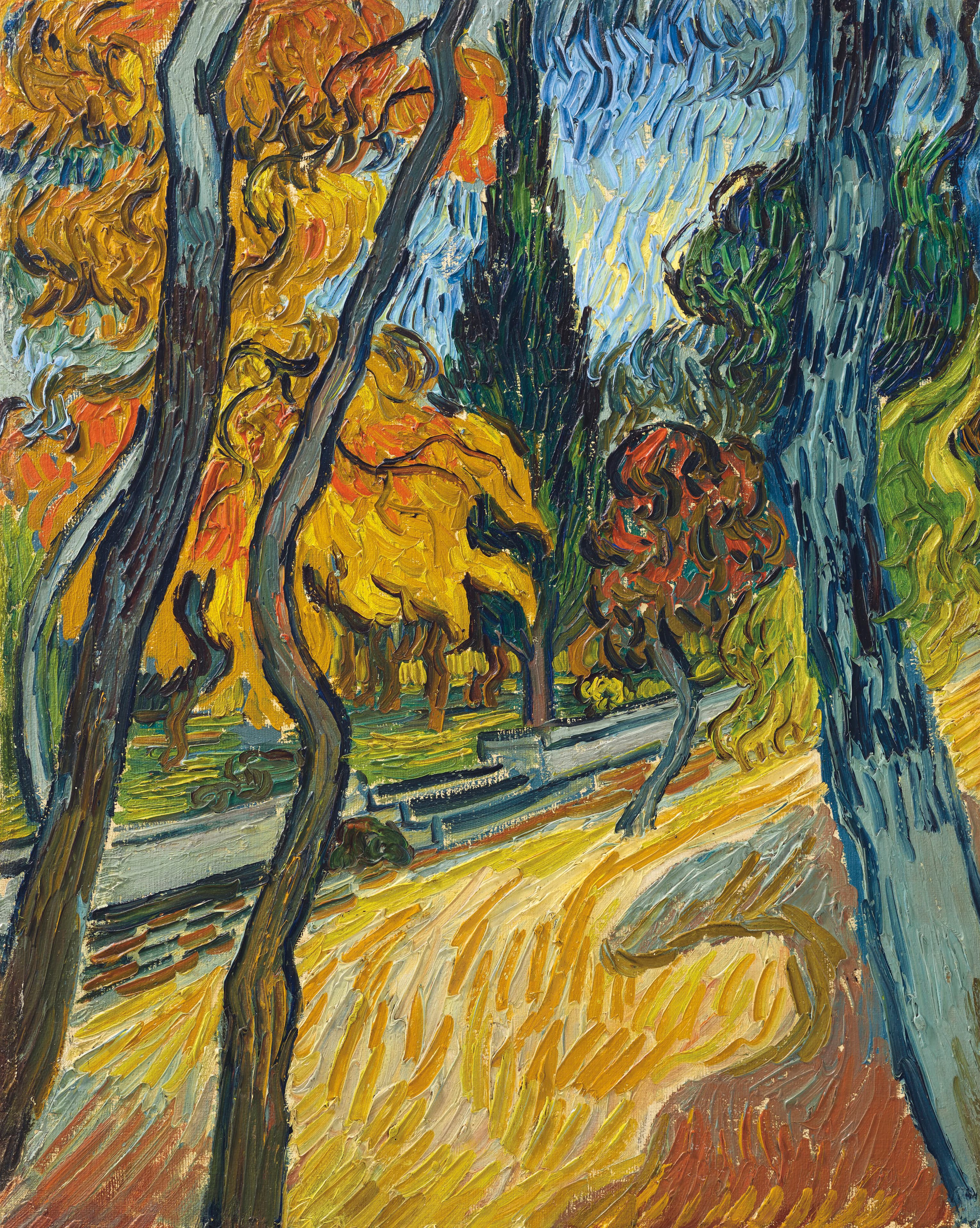Obra "Árvores no Jardim do Asilo" (Outubro de 1889) por Van Gogh.