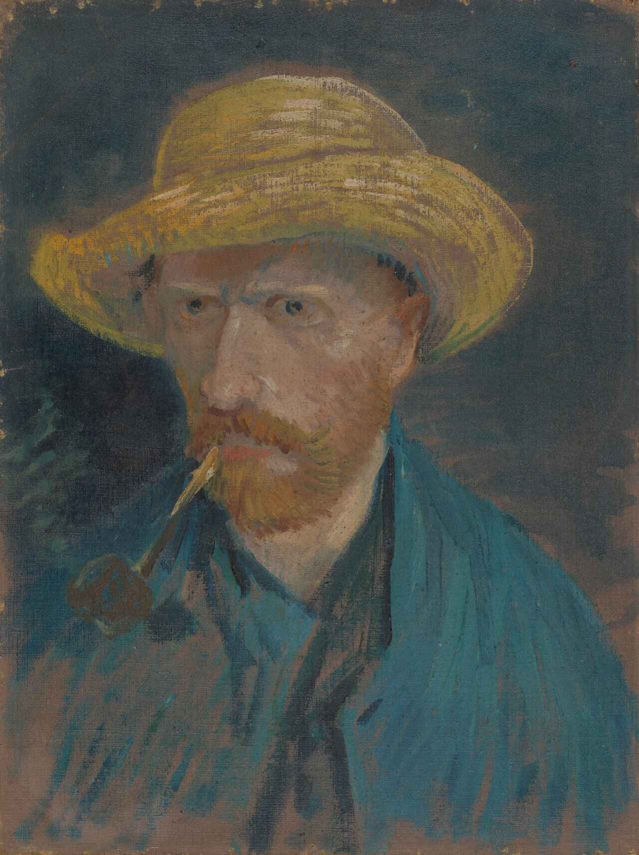 Obra "Auto-Retrato com Chapéu de Palha e Cachimbo" (Verão de 1887) por Van Gogh.