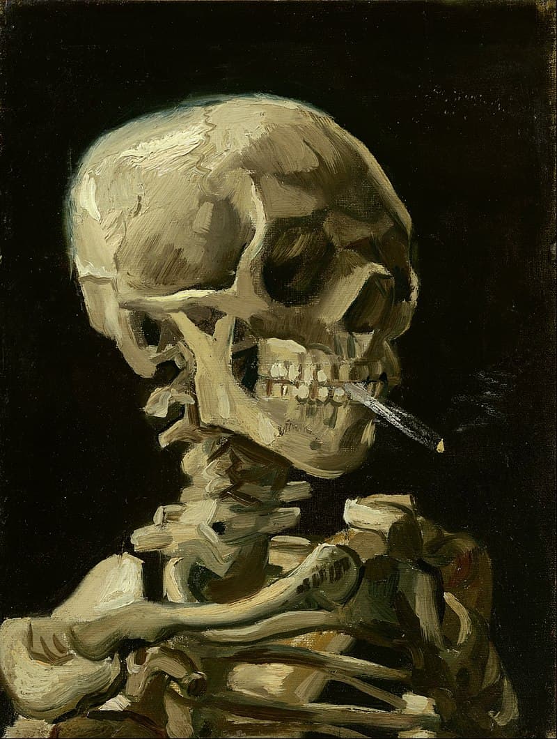 Obra "Caveira de um Esqueleto com Cigarro Aceso" (Inverno de 1885–86) por Van Gogh.