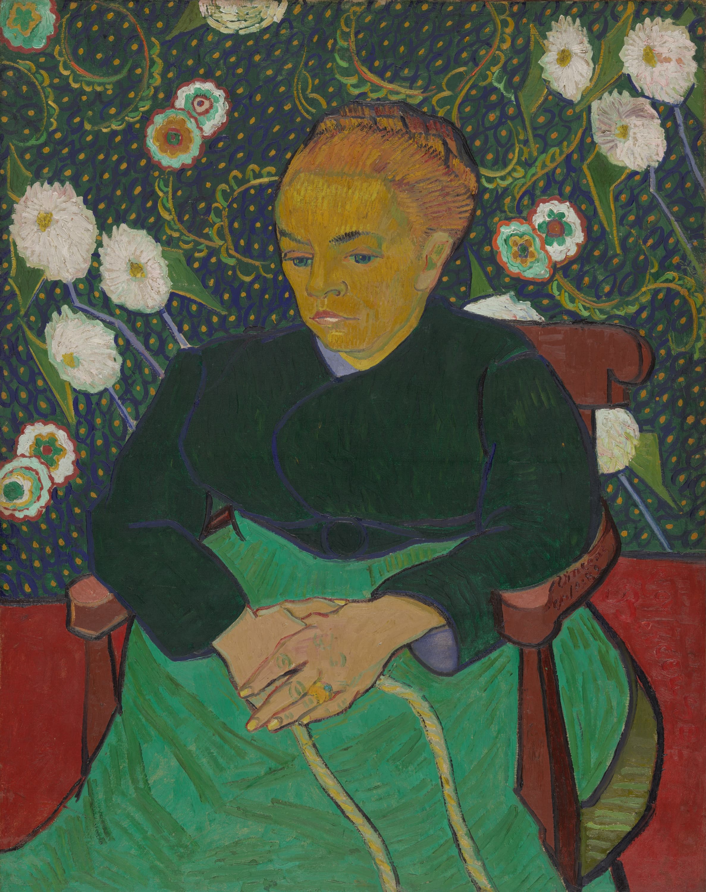 Obra "La Berceuse (Augustine Roulin)" (Janeiro de 1889) por Van Gogh.