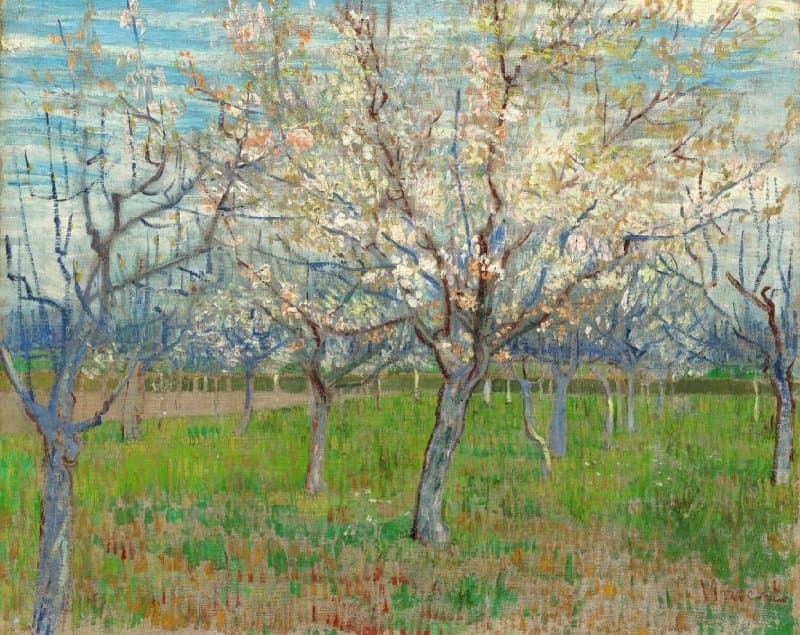 Obra "O Pomar Rosa" (Abril de 1888) por Van Gogh.