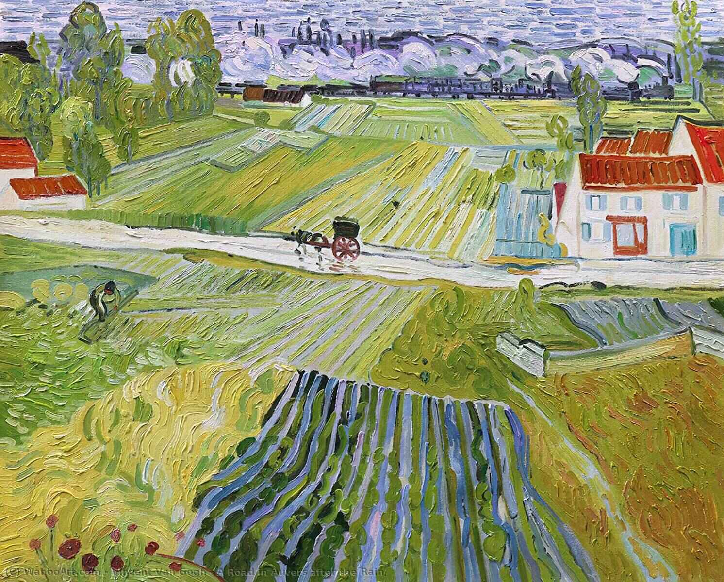 Obra "Rua em Auvers após a Chuva" (Julho de 1890) por Van Gogh.