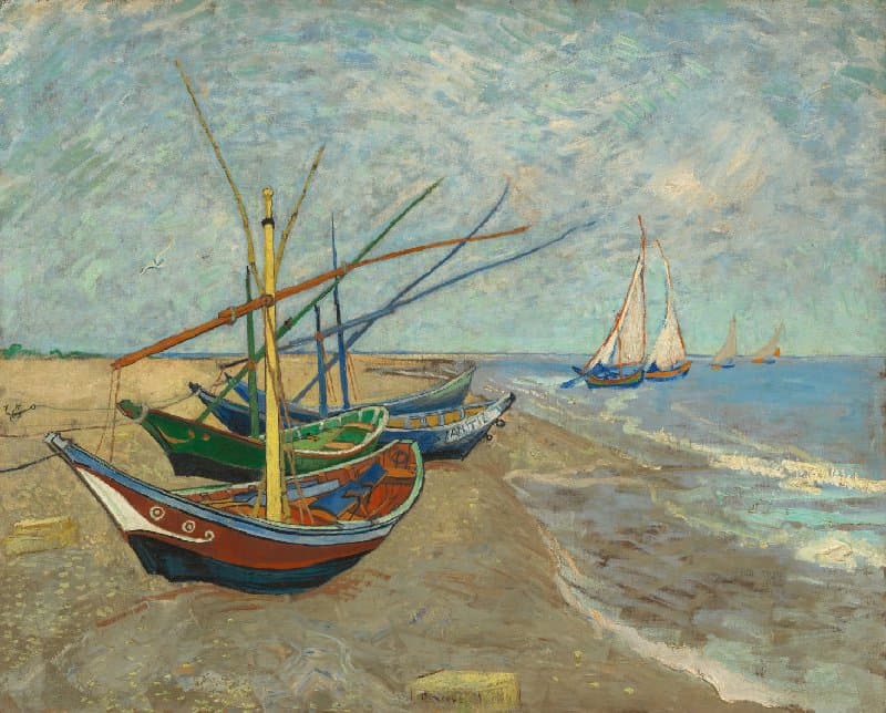 Obra "Barcos de Pesca na Praia de Saintes-Maries" (Junho de 1888) por Van Gogh.