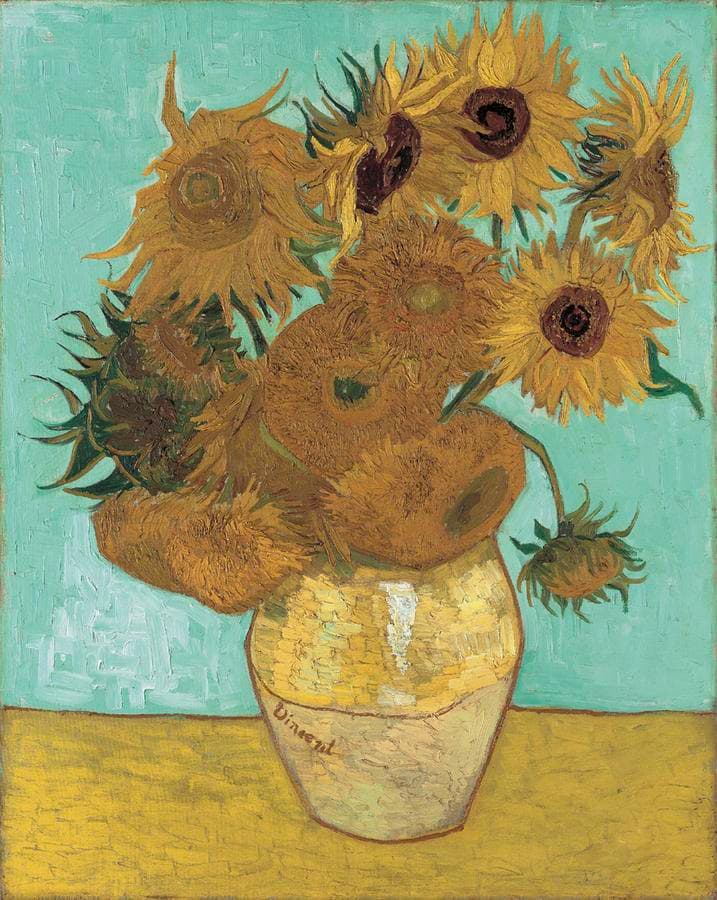 Obra "Natureza-morta: Vaso com Doze Girassóis" (Agosto de 1888) por Van Gogh.